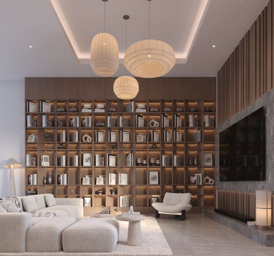 Portfolio cover — luxury living room with bookshelf wall